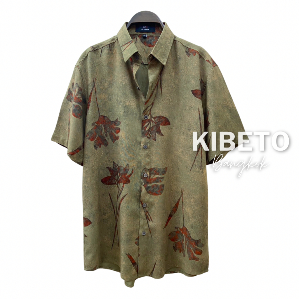Kibeto เสื้อฮาวาย ลายดอกไม้วินเทจ สีเขียวกากี ผ้าสปันเรยอน ผ้านิ่ม ใส่สบาย M L XL 2XL 3XL