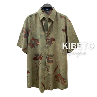 Kibeto เสื้อฮาวาย ลายดอกไม้วินเทจ สีเขียวกากี ผ้าสปันเรยอน ผ้านิ่ม ใส่สบาย M L XL 2XL 3XL