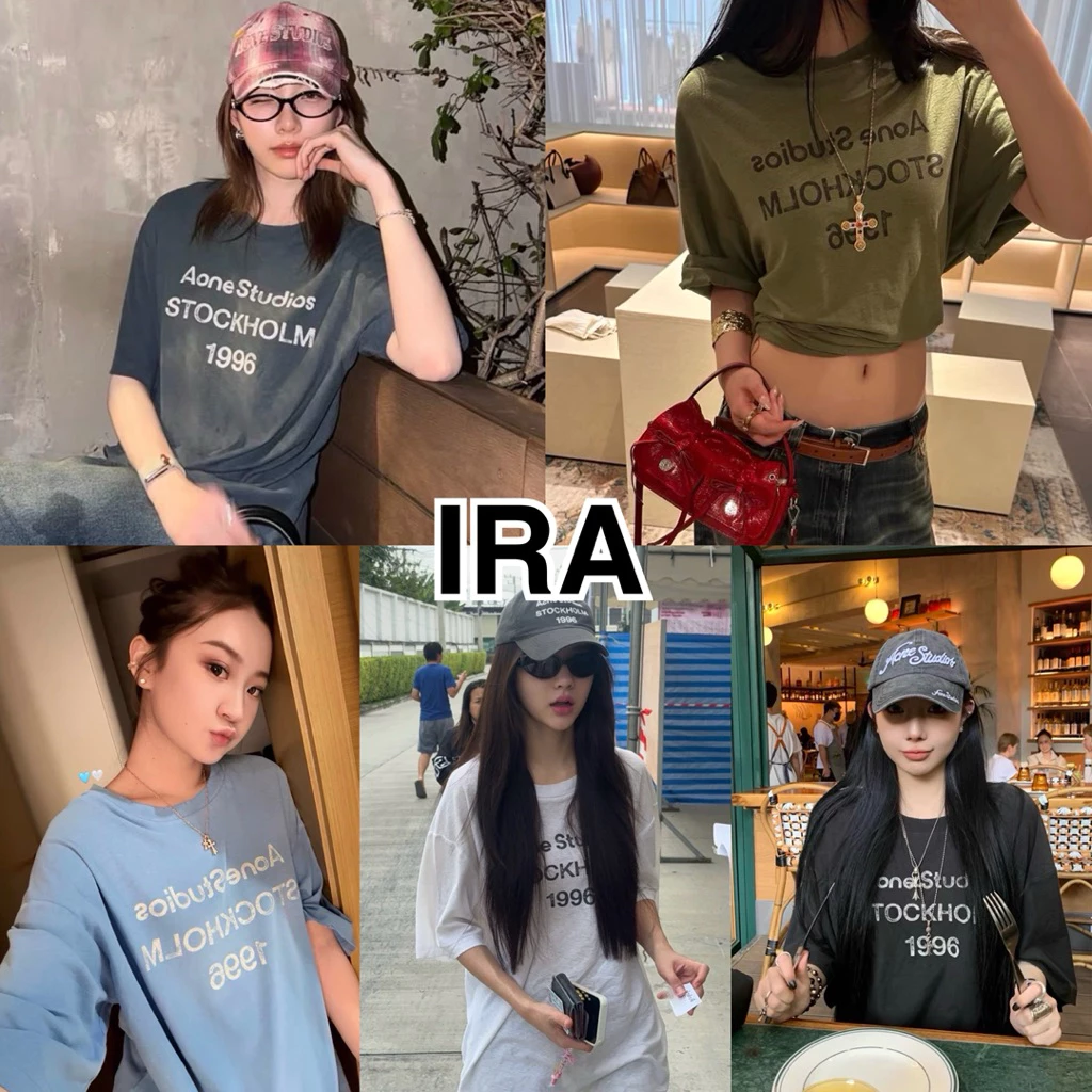 BY IRA (2513)Acne Short Sleeve เสื้อยืดแขนสั้นสไตล์ลำลองพร้อมลายพิมพ์แบบทิสเทสซ์ด