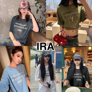 BY IRA (2513)Acne Short Sleeve เสื้อยืดแขนสั้นสไตล์ลำลองพร้อมลายพิมพ์แบบทิสเทสซ์ด