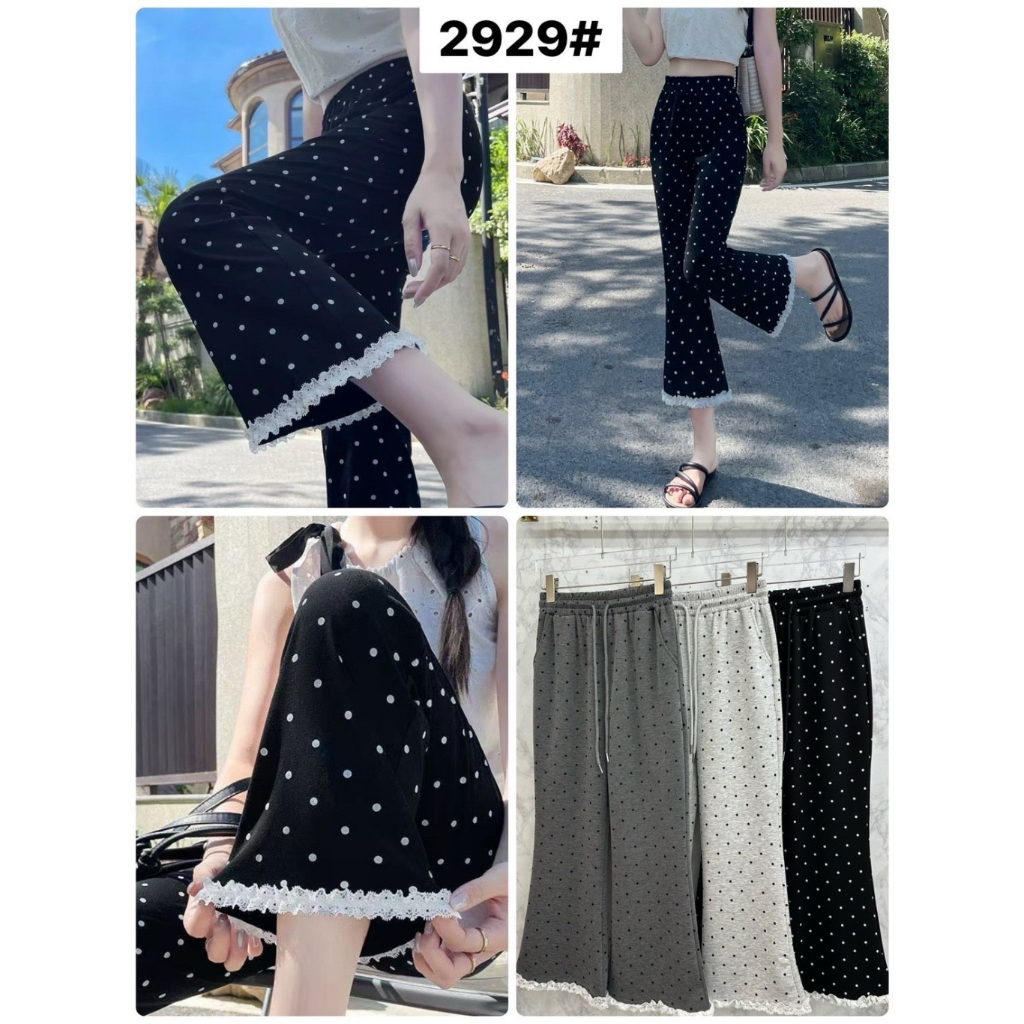2929# กางเกงวอร์มขาม้า*ลายจุด* แต่งชายลูกไม้สีขาวที่ชายกางเกง ผ้าวอร์มนาโน เอว24-30 นิ้ว