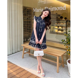 (มี3XL) Maria Diamond สีกรม Indigo Navy Dress เดรสทรงปล่อยกระดุมหน้าผ้าคอตตอนงานปัก โบว์หน้า แขนระบาย ปักเชิง มีซับใน
