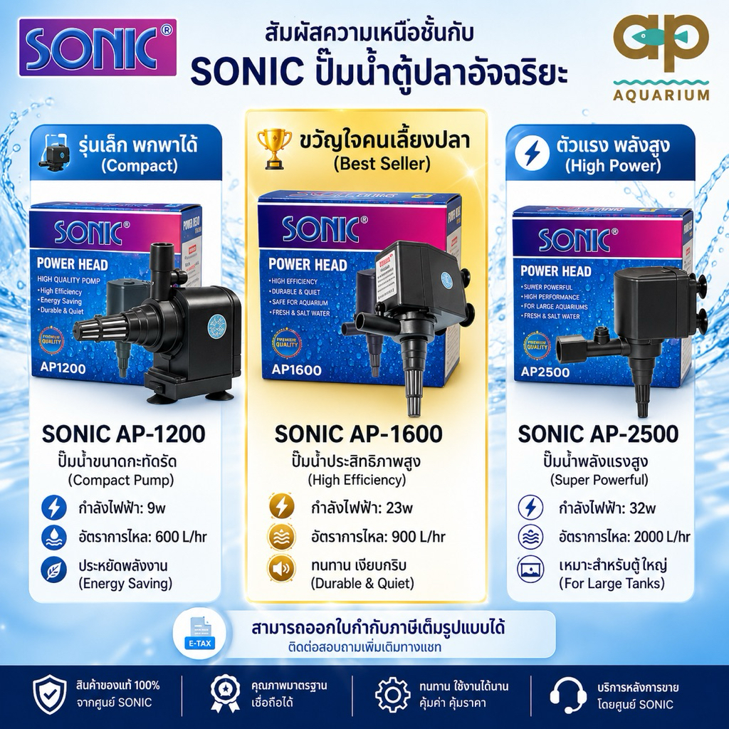 ปั๊มน้ำ Sonic AP-1200 / AP-1600 / AP-2500 สำหรับตู้ปลา อ่างปลาเล็กๆ ทำน้ำพุน้ำตก