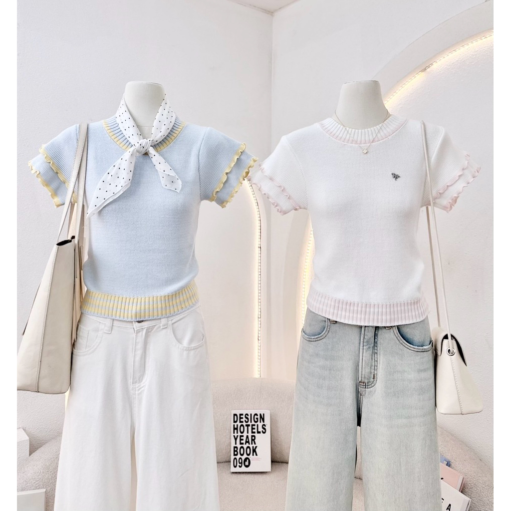WA YA เสื้อไหมพรมคอกลมแขนระบาย
