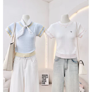WA YA เสื้อไหมพรมคอกลมแขนระบาย