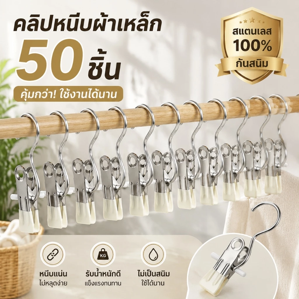 ที่หนีบผ้าสแตนเลส คลิปหนีบผ้า กันลื่น หนีบแน่น แข็งแรง ไม่เป็นสนิม สำหรับตากผ้า เสื้อผ้า กางเกง ถุงเท้า 50 ชิ้น