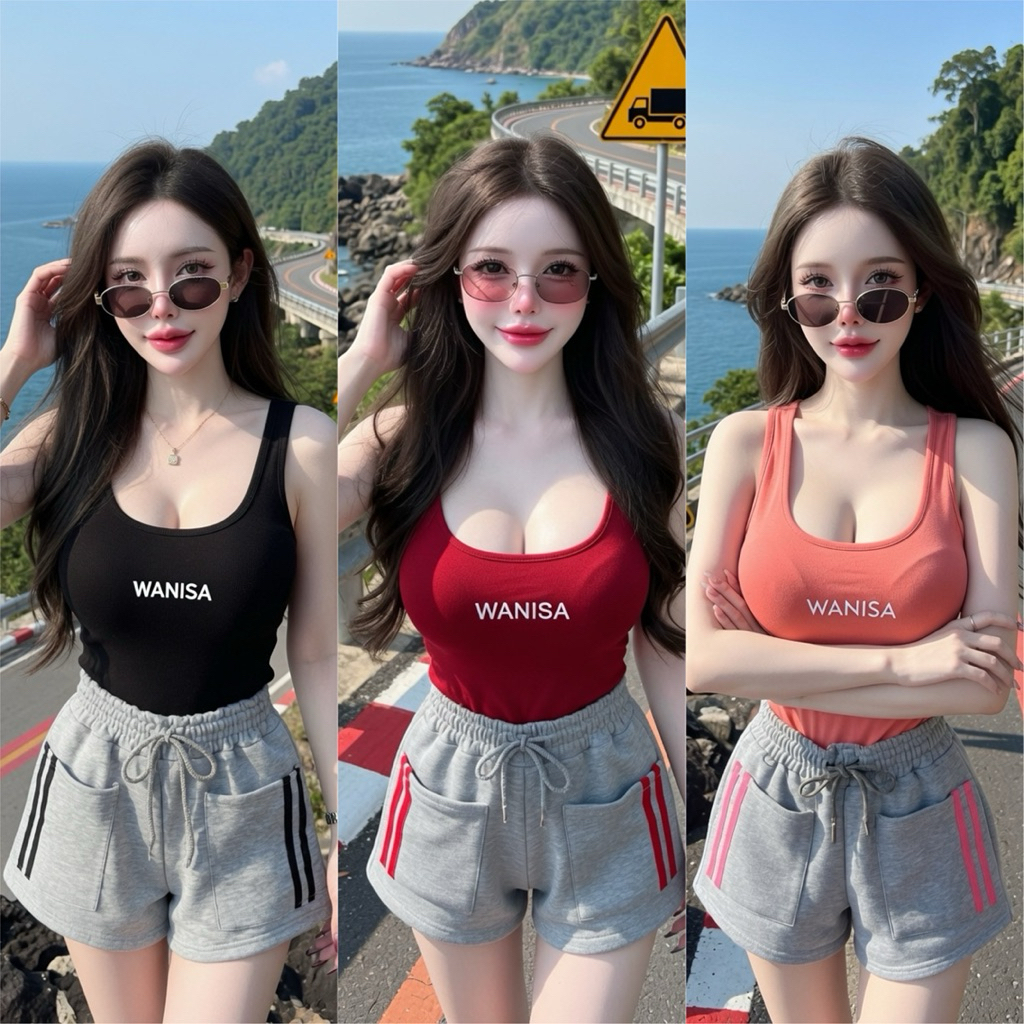 ชุดเซ2ชิ้น เสื้อกล้ามปัก wanisa + กางเกงขาสั้นมีกระเป๋าแต่งแถบข้างๆ sml ใส่ได้