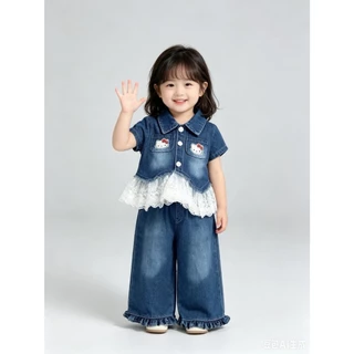 BB357 ชุดเดนิมสีฟ้าเด็กผู้หญิง เสื้อสั้นแขนลูกไม้+กางเกงขากว้าง ชุดของขวัญวันแม่ สำหรับเด็กเล็ก-โต ผ้านุ่มใส่สบายฺฺ