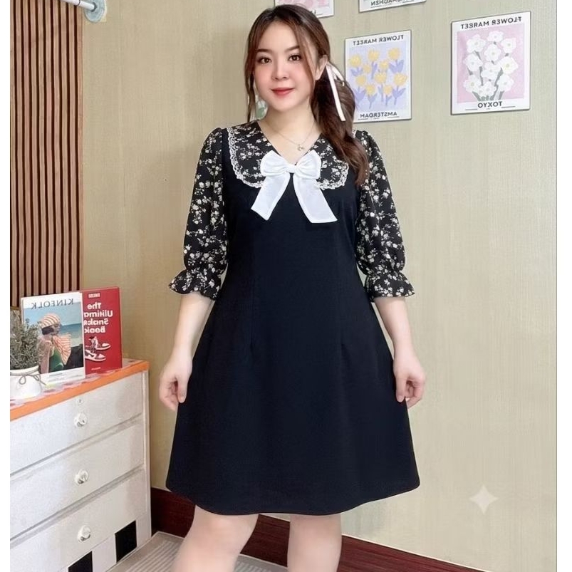 เดรสสาวอวบผ้ายืดวูลเวฟ แต่งผ้าไหมอิตาลี แต่งลูกไม้ โบว์สีขาว ฟรีไซส์ อกก่อนยืด 42“เอว 38- 44”+สะโพก48- 50“+ความยาว 37”WT