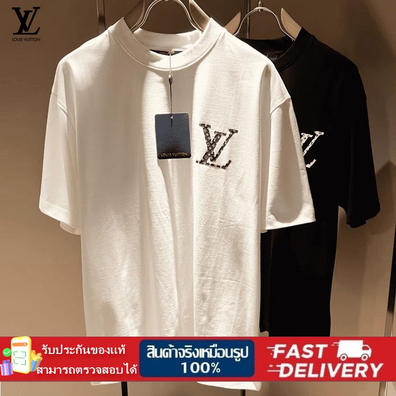 🔥ของแท้ 100%🩳เสื้อยืด คอตตอน loยูisvวีuiton Authentic Basic Logo Signature T-Shirt แบบยูนิเซ็กส์