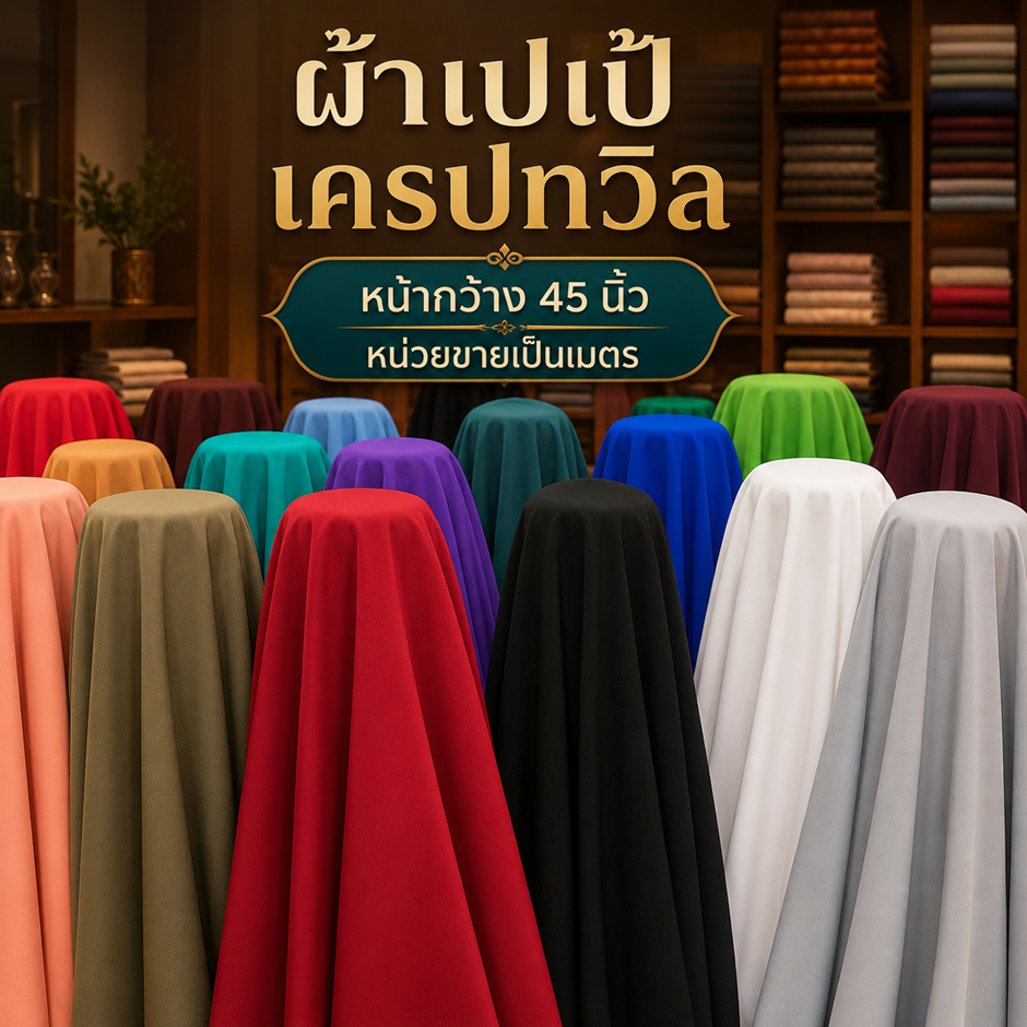 ผ้าเมตร ผ้าเปเป้ เครปทวิล เหมาะสำหรับตัดชุดเดรส สีพื้น ผ้ามอสเครป หน้ากว้าง 45 นิ้ว หน่วยขายเป็นเมตร