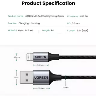 UGREEN USB 2.4A Certified MFI Charging Cable สายชาร์จเร็ว Cable ยาว 1M - 2M Alu Nylon