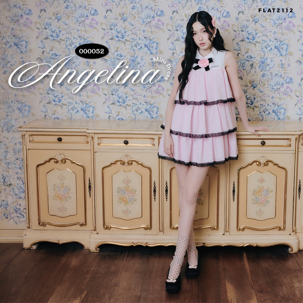 FLAT2112 : ANGELINA MINI DRESS เดรสสั้นโทนสีชมพูพาสเทล ตัดขอบลูกไม้ ให้ลุคลุกคุณหนุ (000052)