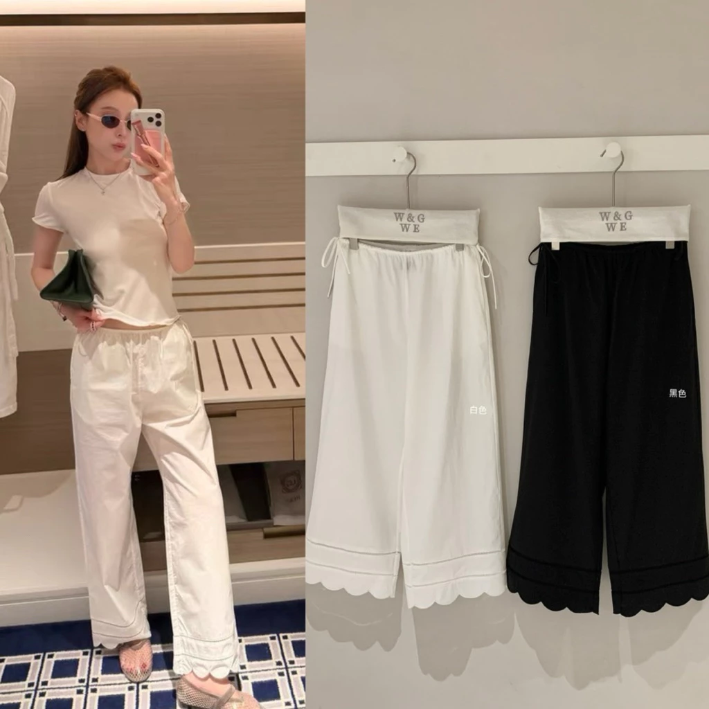 📍พร้อมส่ง ดำ📍10408# กางเกงขายาว เอวยางยืด ปลายขาฉลุลาย เนื้อผ้าดี ทรงสวย TAG:WG.WE 🇰🇷