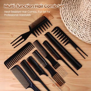 หวีเซ็ตผม10 ชิ้น หวีพลาสติกสำหรับช่างทำผมมืออาชีพ เซตหวีแต่งทรงผม สีดำ Styling comb