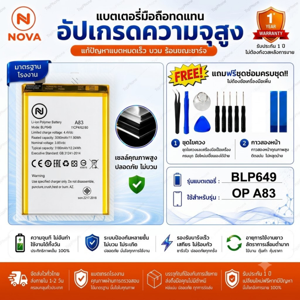 แบตเตอรี่ OP Model BLP649 ใช้ได้กับ OP A1, OP A83, OP A83T, OP F5 Lite. ความจุ 3180 mAh.