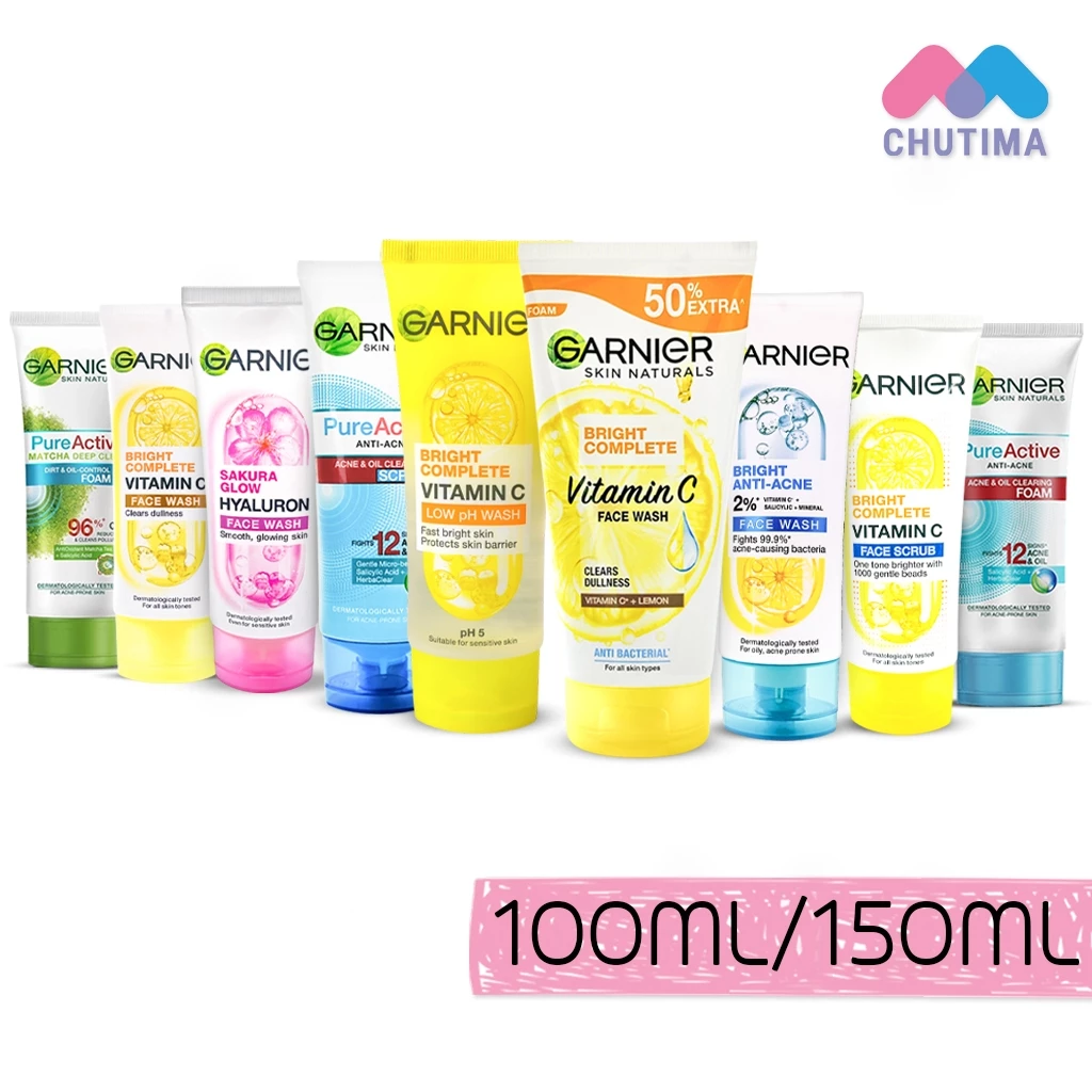 โฟมล้างหน้า การ์นิเย่ วิปโฟม สครับ Garnier Bright Complete / Vitamin C / Sakura Glow Face Wash Scrub 100 ml. / 150 ml.
