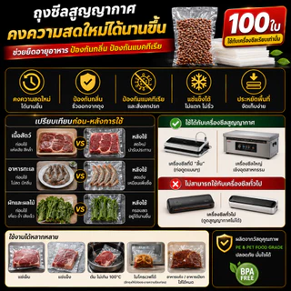 100 ใบ ถุงซีลสูญญากาศ หนา 160 ไมครอน แบบเรียบ ทนทาน ใช้งานได้หลากหลาย