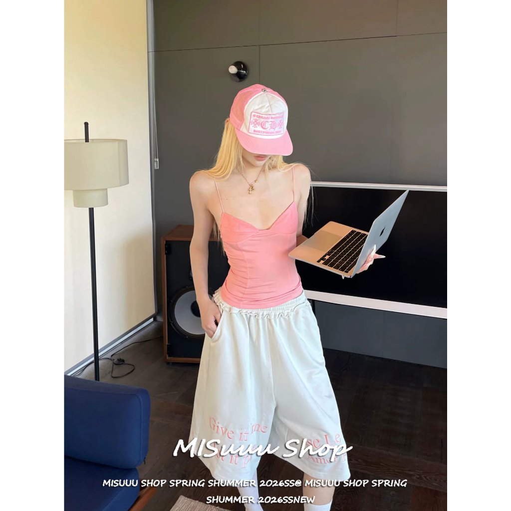 [Misuuu-Letter Print Cropped Trousers]กางเกงวอร์ม7ส่วนขากว้างเอวยางยืดสไตล์อเมริกันเซ็กซี่อ่อนสบายลายตัวอักษรหวานเท่