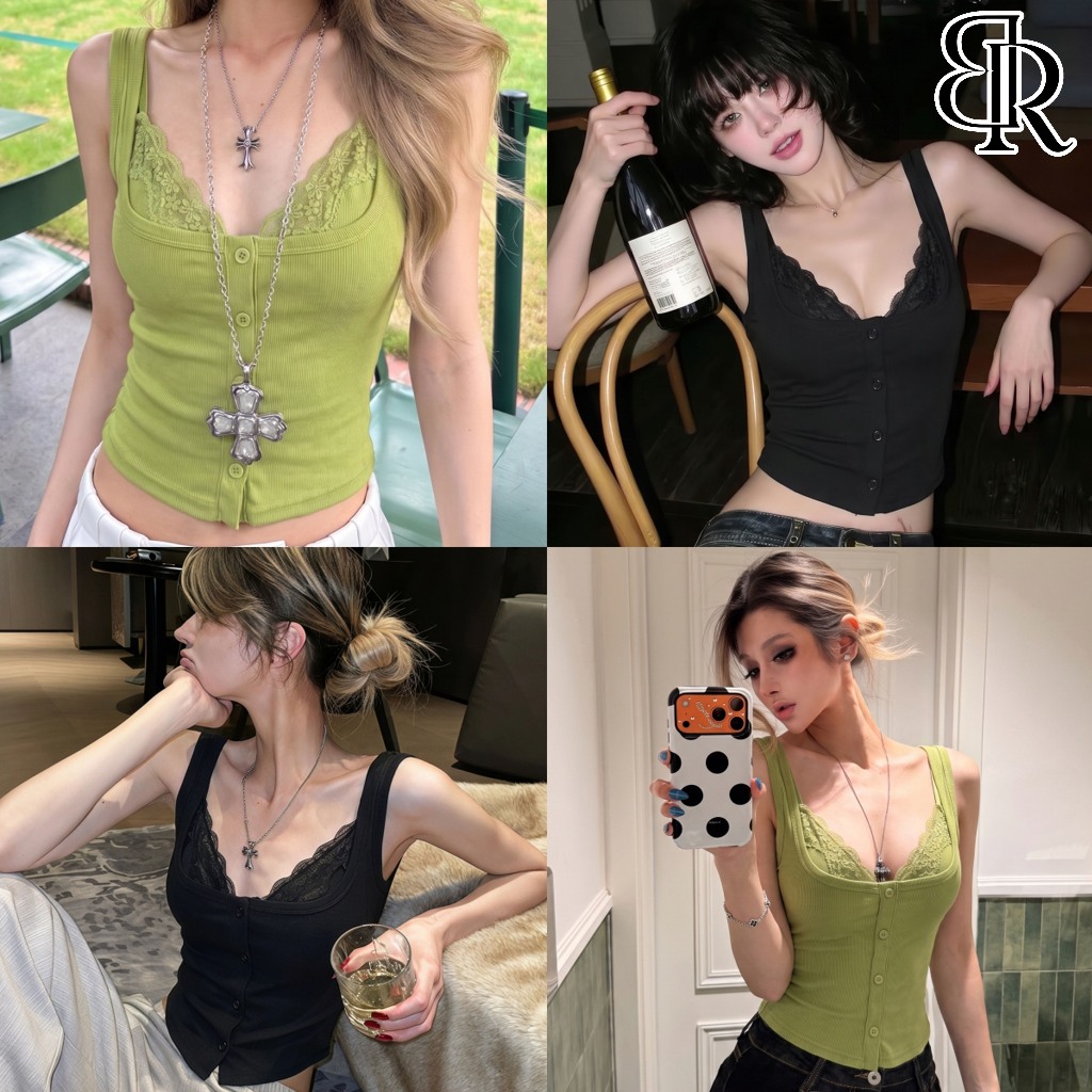 B&R พร้อมส่ง เสื้อสายเดี่ยวปลอมสองชั้นคอกว้างลูกไม้ ทรงสั้นเข้ารูป สไตล์เกาหลีเซ็กซี่ สีเขียวดำ
