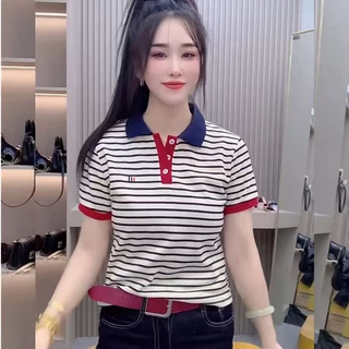 สินค้าใหม่สไตล์ยุโรปสำหรับฤดูร้อนปี 2026: เสื้อโปโลลายทางเข้ารูปสำหรับผู้หญิง ลายหัวใจ