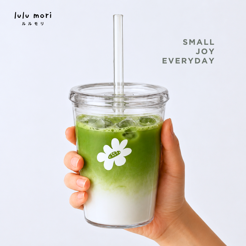lulu mori |  แก้วพลาสติกใส มัทฉะ กาแฟ คาเฟ่ พร้อมฝาและหลอด Food Grade