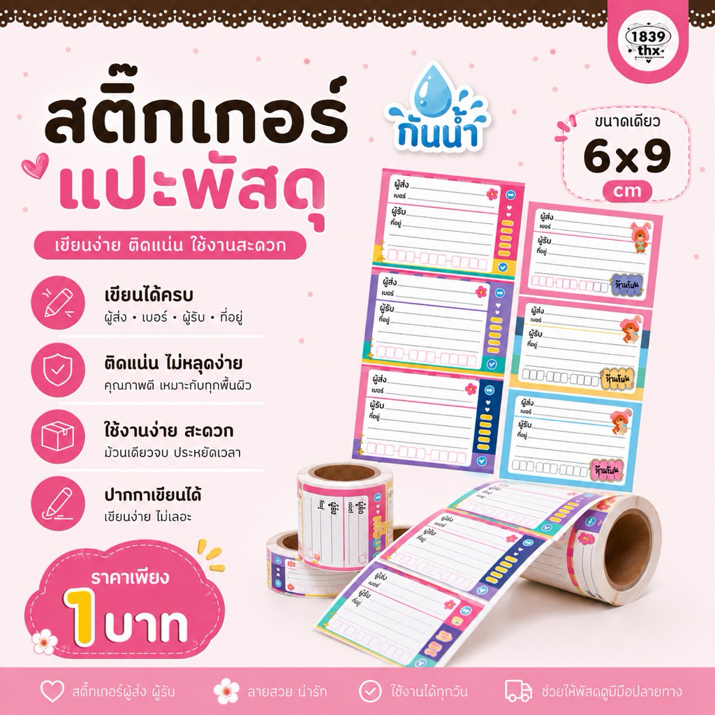 สติกเกอร์แปะพัสดุ ผู้รับผู้ส่ง ผิวมันกันน้ำ แบ่งขาย