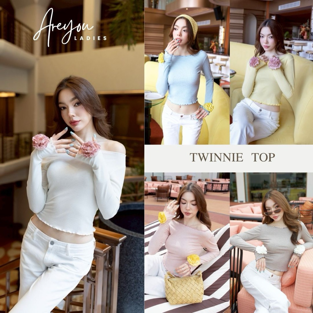 NO.641 Twinnie Top เสื้อยืดทูโทนแขนยาวแต่งดอกคามิเลีย