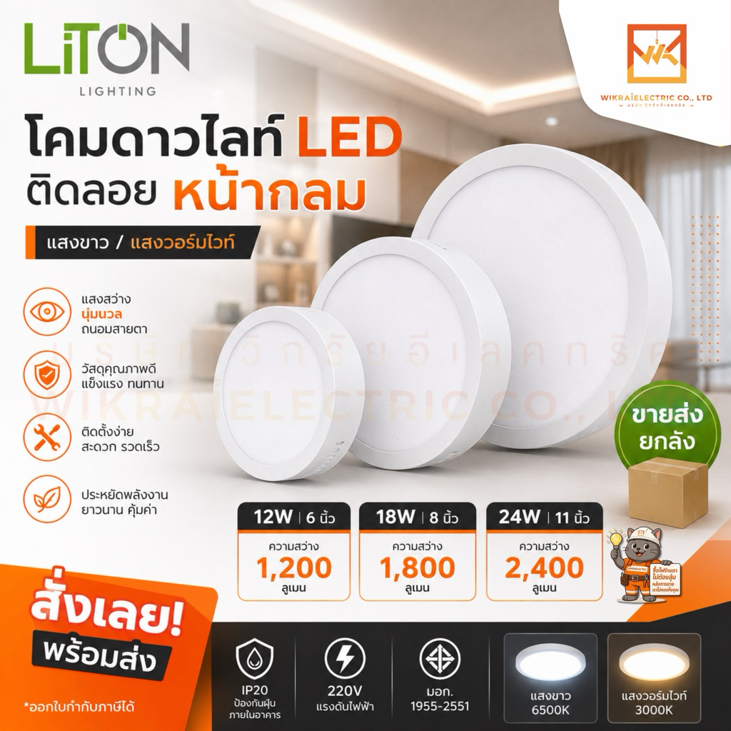 !!ขายส่งยกลัง!! LITON โคมดาวไลท์ ขอบสีขาว LED ติดลอยหน้ากลม 12W 18W และ 24W LITON โคมเพดาน โคมติดลอย โคมไฟเพดาน