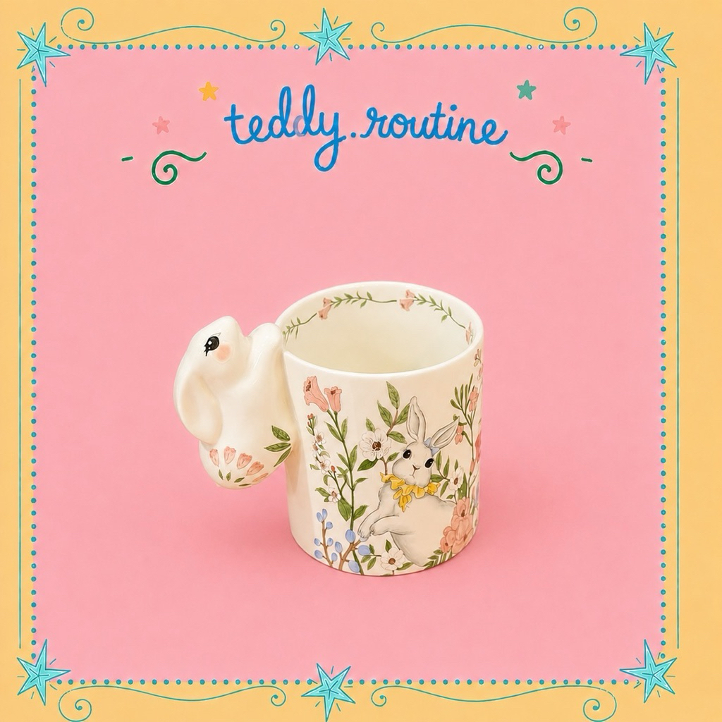Pre10วัน Teddy.routine rabbit garden cemaric mug แก้วเซรามิก ลายกระต่าย แก้วแช่แปรง แก้วมัค