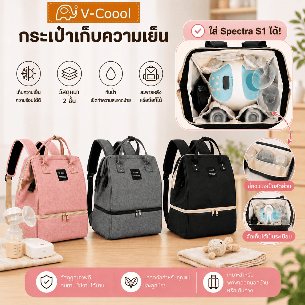 กระเป๋าเก็บความเย็น V-coool ใบใหญ่ รุ่น big opening เก็บนมแม่ ใส่ขวดนม เก็บอุณหภูมิ