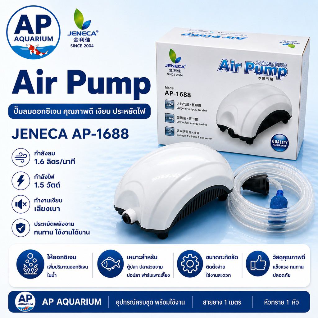 Jeneca AP-1688 1.6 ลิตร/นาที 1.5w สายยาง 1 เมตร หัวทราย 1 หัว สำหรับตู้ปลาขนาดเล็ก