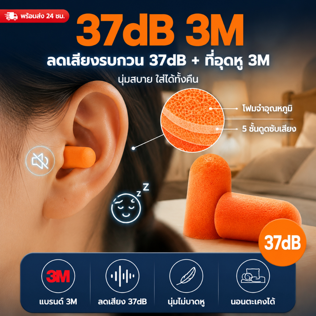 🔥เกรดดีที่สุด🔥ที่อุดหู 3M  สีส้ม แพ็ค 1 คู่ กันเสียงรบกวนสุด ๆ กันเสียงกรน  ซิลิโคนอุดหู ลดเสียงได้ 29 เดซิเบล