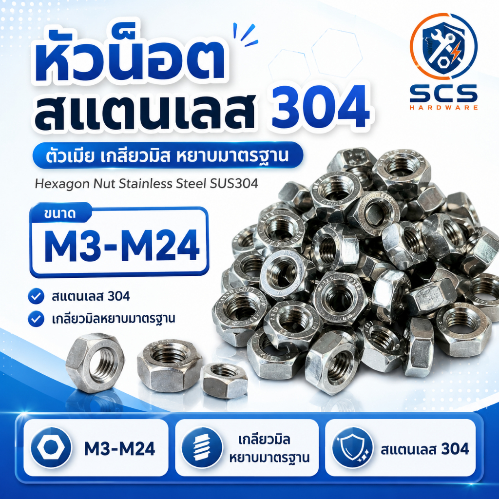 หัวน็อต สแตนเลส304 ตัวเมีย เกลียวมิล หยาบมาตรฐาน ขนาด M3 - M24 น็อตตัวเมีย Hexagon Nut Stainless Steel SUS304