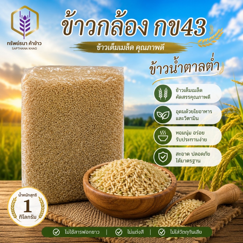 ข้าวกล้องกข43 แพคสุญญากาศ1กิโลกรัม ตราทรัพย์ธนา ปลอดสาร