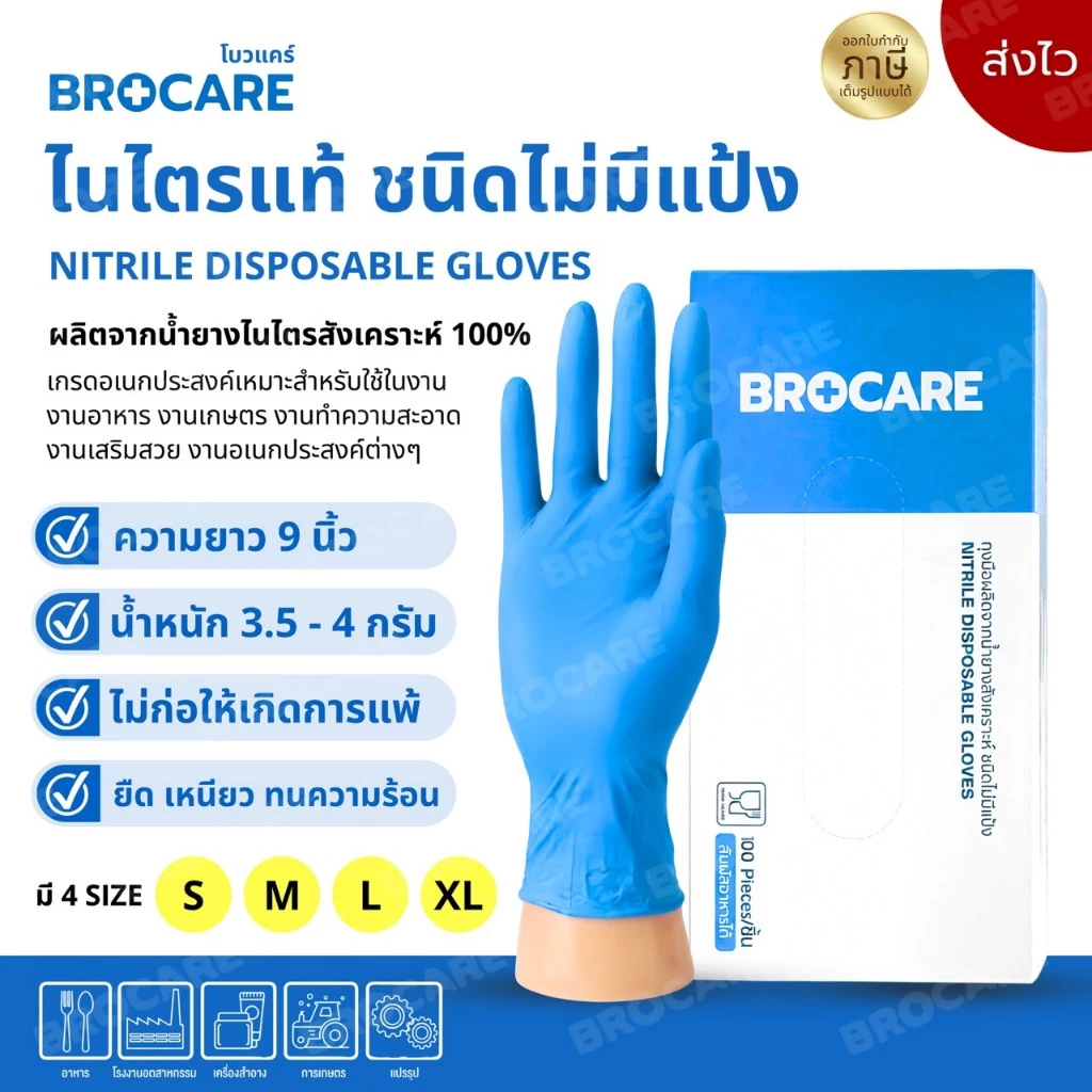 ถุงมือไนไตรแท้ สีฟ้า Brocare ชนิดไม่มีแป้ง อเนกประสงค์ สัมผัสอาหารได้ เก็บขี้ยาง ( ส่งไวพร้อมส่ง⚡️)