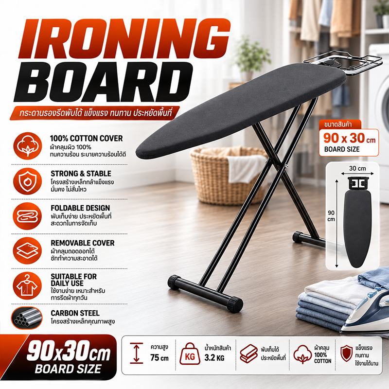 หนัก 300kg โต๊ะรีดผ้า แบบ ยืน 130*35*85cm ปรับความสูงได้ 7 ระดับ แผงพับขนาดใหญ่ โต๊ะรองรีด