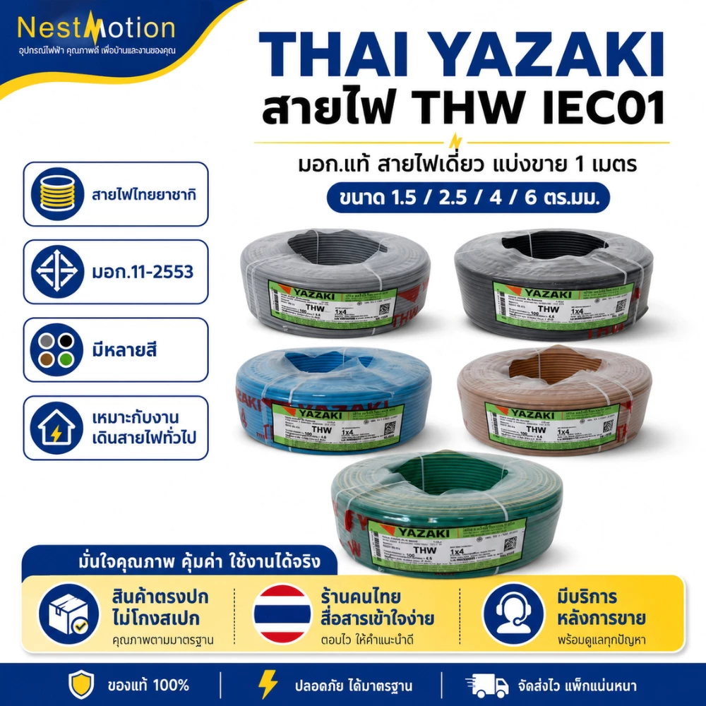 THAI YAZAKI สายไฟ THW IEC01 มอก.แท้ ขนาด 1.5/2.5/ 4 / 6 ตร.มม. แบ่งขาย 1 เมตร สายไฟไทยยาซากิ
