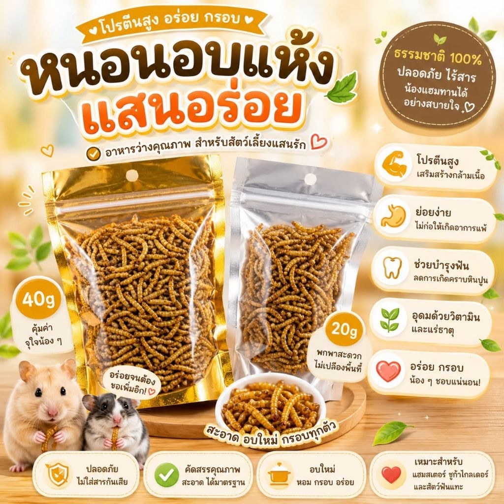 Hamu หนอนนกอบคัดเกรด หนอนอบแห้ง ขนาด 20-150 กรัม คัดเกรด เต็มตัว ไม่หัก