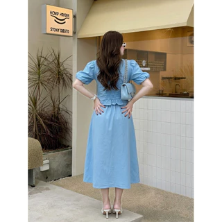 A1577 ชุดเซต เสื้อ+กระโปรง สีฟ้า ปักลายน่ารัก