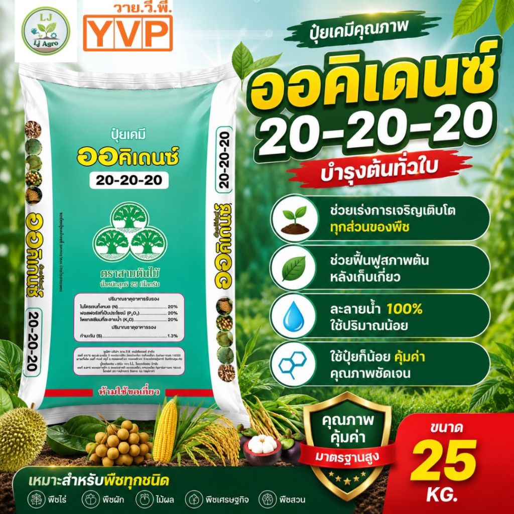 ปุ๋ยออคิเดนซ์ ลูตร 20-20-20 ขนาด 25 กิโลกรัม เร่งการเจริญเติบโตทุกส่วนของพืช (YVP) #แอลเจอะโกร