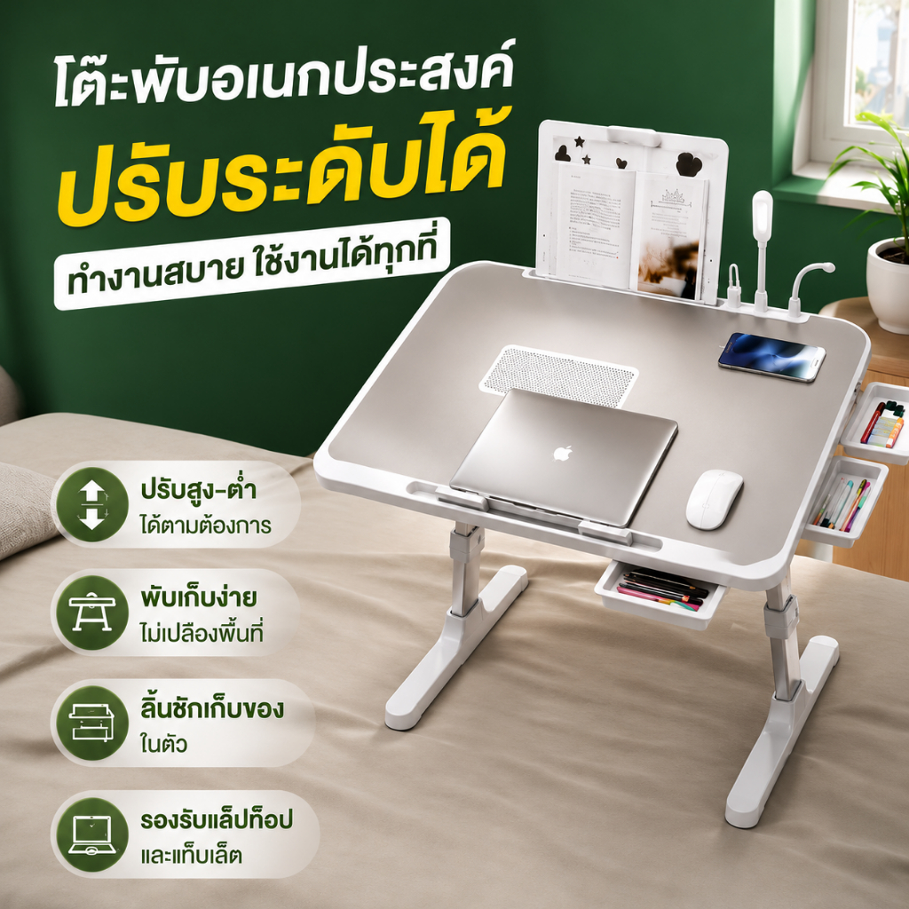 โต๊ะวางบนเตียง แบบพับได้ มีพอร์ต USB ชาร์จมือถือได้ กันรอยขีดข่วน ทำความสะอาดง่าย ปรับเอนและความสูงได้ มีชั้นวางหนังสือ