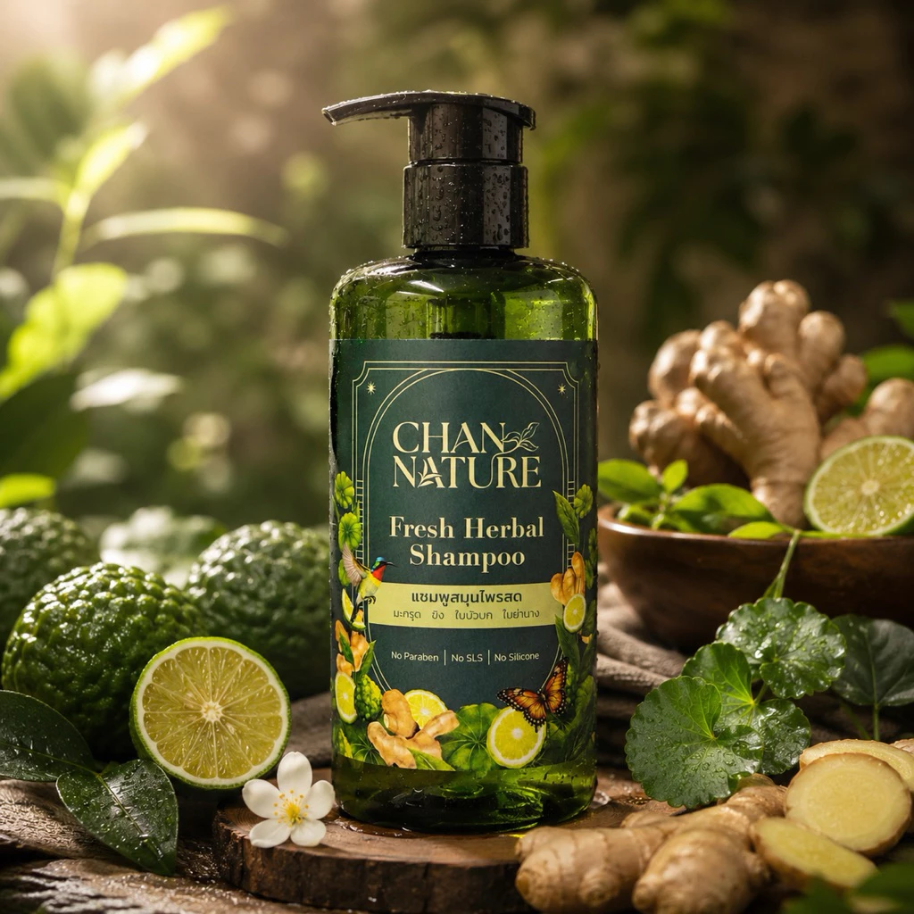 CHAN NATURE แชมพูสมุนไพรสด มะกรูด ขิง ใบบัวบก ใบย่านาง ลดผมร่วง คัน กระตุ้นผมงอกใหม่ ชะลอผมหงอก 300ml