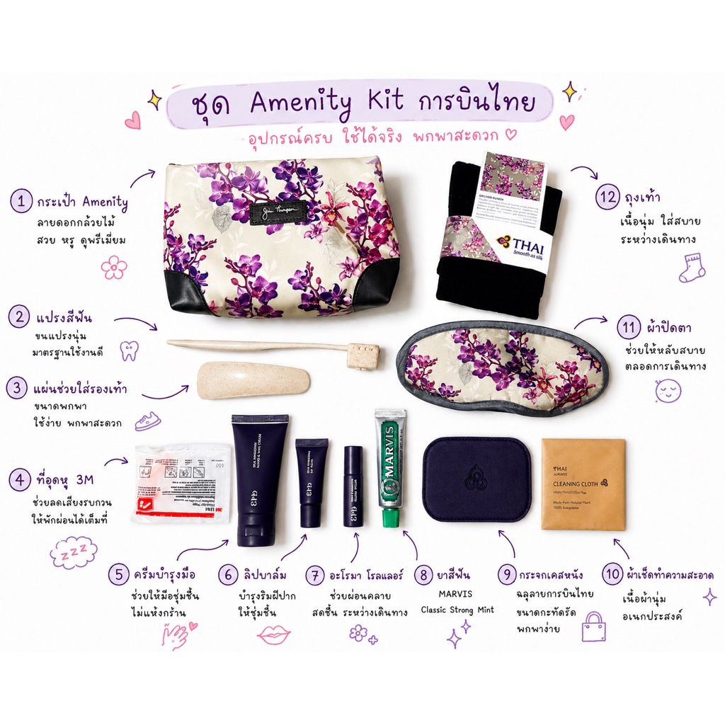 ชุด Amenity Kit จากการบินไทย + กระเป๋า Jim Thompson | Travel Kit ของใช้เดินทางครบชุด ของแท้จากชั้น Business Class