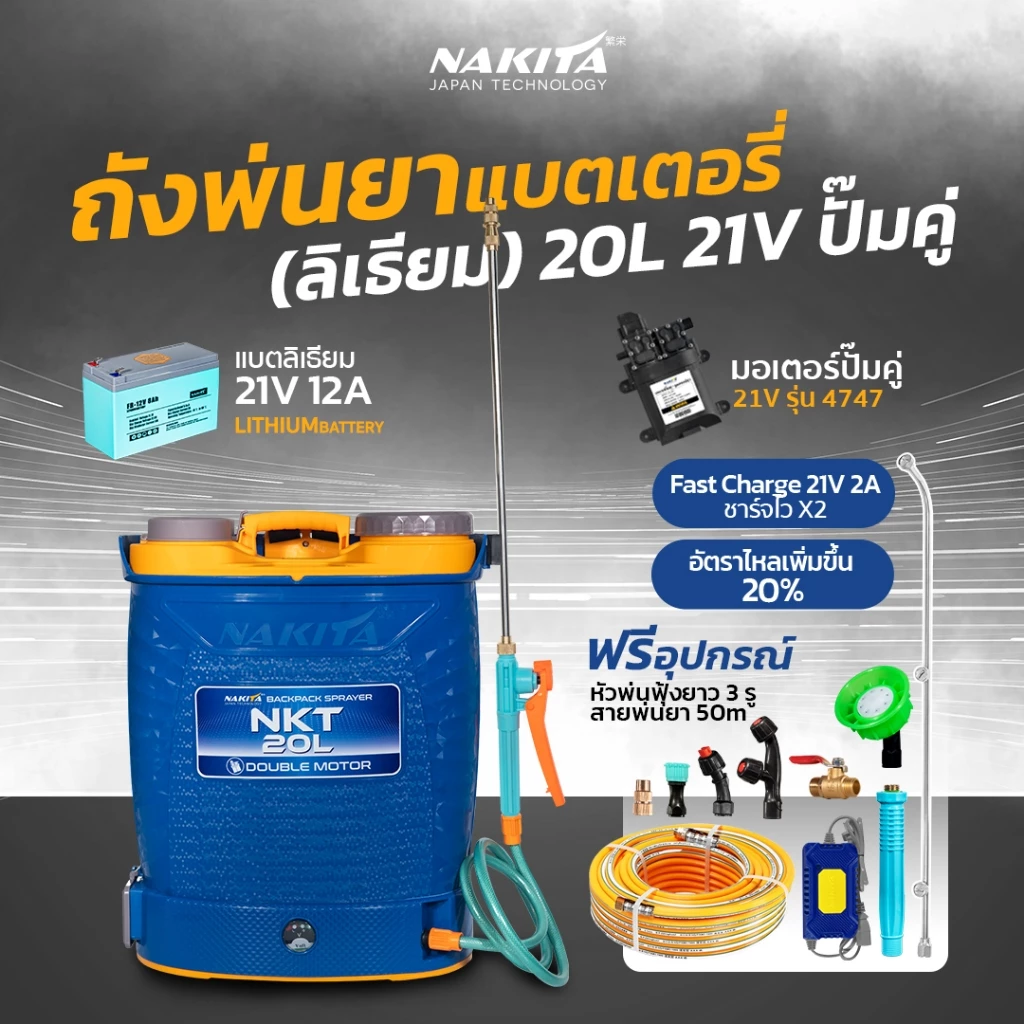 ถังพ่นยาแบตลิเธี่ยม 21V 12A (รุ่นใหม่)2025 Nakita 20ลิตร 9-BAR ชารจ์ไวขึ้น2เท่าตัวก้านทองเหลือง-แบตใหญ่ แถมฟรี!!หัวพ่น x