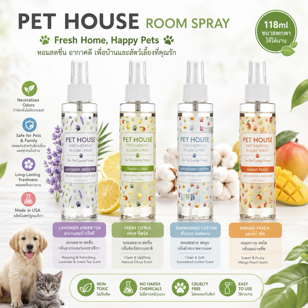 Pet House Freshening Room Spray สเปรย์ดับกลิ่นสำหรับสัตว์เลี้ยง นำเข้าจากอเมริกา ขนาด 118ml