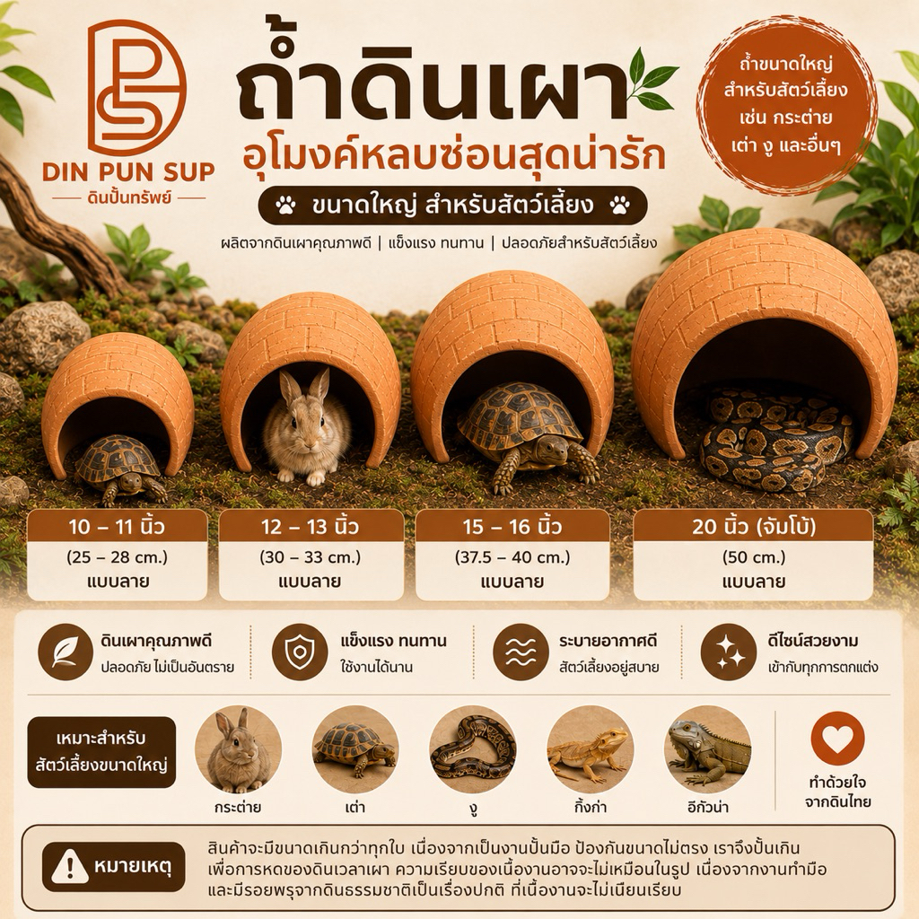 ถ้ำดินเผา อุโมง ขนาด 10/13/ 15/20 นิ้ว สำหรับสัตว์เลี้ยงขนาดเล็ก กระต่าย งู เต่า