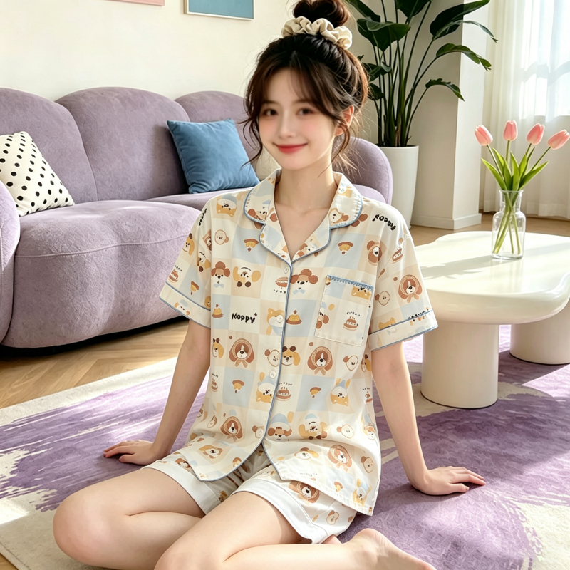 ชุดนอนเสื้อแขนสั้นลายการ์ตูน ผ้าฝ้ายเทียมนุ่มสบาย สำหรับผู้หญิงหน้าร้อน ไซส์M-XXL พร้อมส่ง24ชั่วโมง