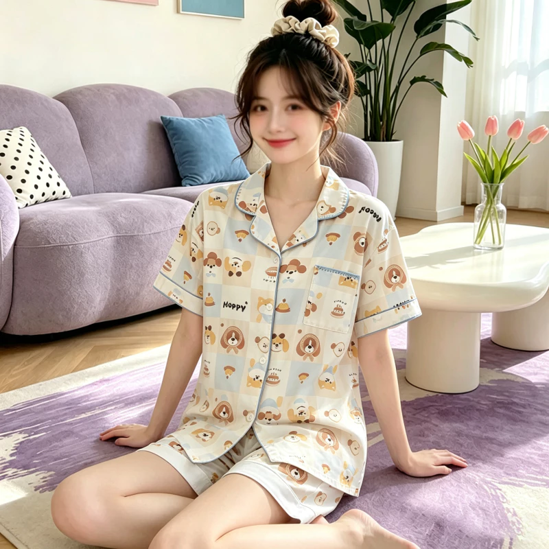 ชุดนอนเสื้อแขนสั้นลายการ์ตูน ผ้าฝ้ายเทียมนุ่มสบาย สำหรับผู้หญิงหน้าร้อน ไซส์M-XXL พร้อมส่ง24ชั่วโมง