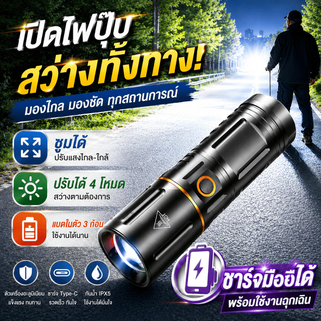 ความสว่าง10เท่า ไฟฉายแรงสูง แท้ รับซูมได้ ไฟฉายledชาร์จได้ ไฟฉายสว่างมากๆ ไฟฉายมือถือ ไฟฉายแรงสูงไกล ไฟฉายพกพาFlashlight